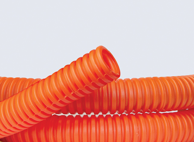 Труба ПНД гибкая гофр. д.25мм, лёгкая с протяжкой, 50м, цвет оранжевый
